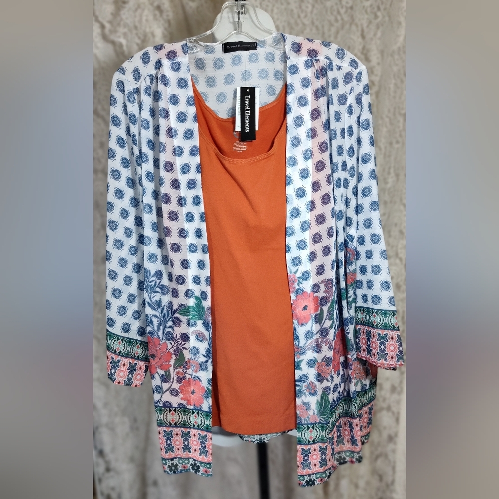 Travel Elements Blue White Orange Floral Patterned Kimono
